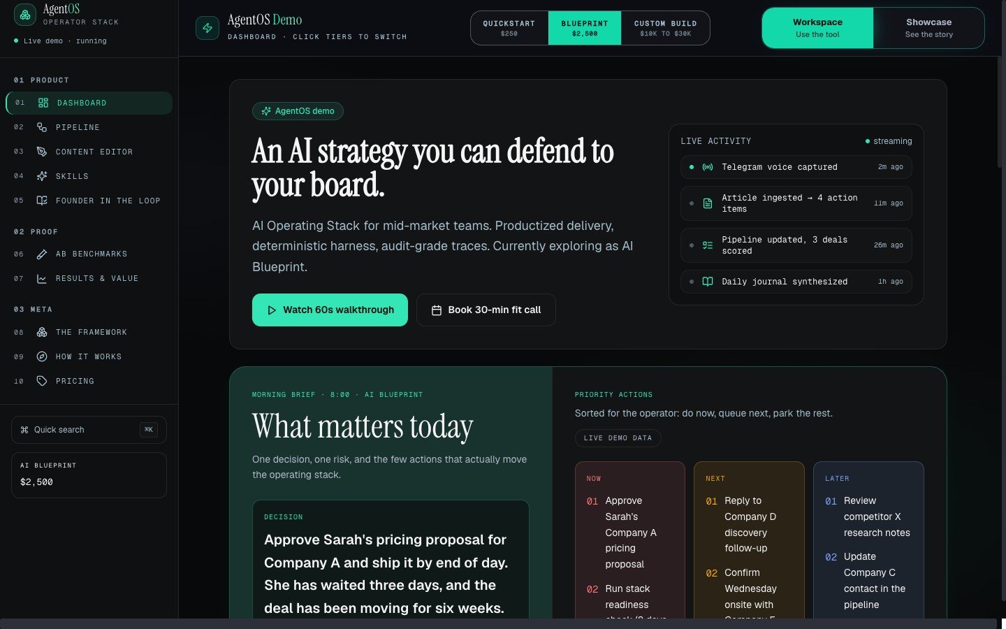 AgentOS w trybie workspace: narzędzie do klikania, dashboard operatora z porannym briefem i akcjami